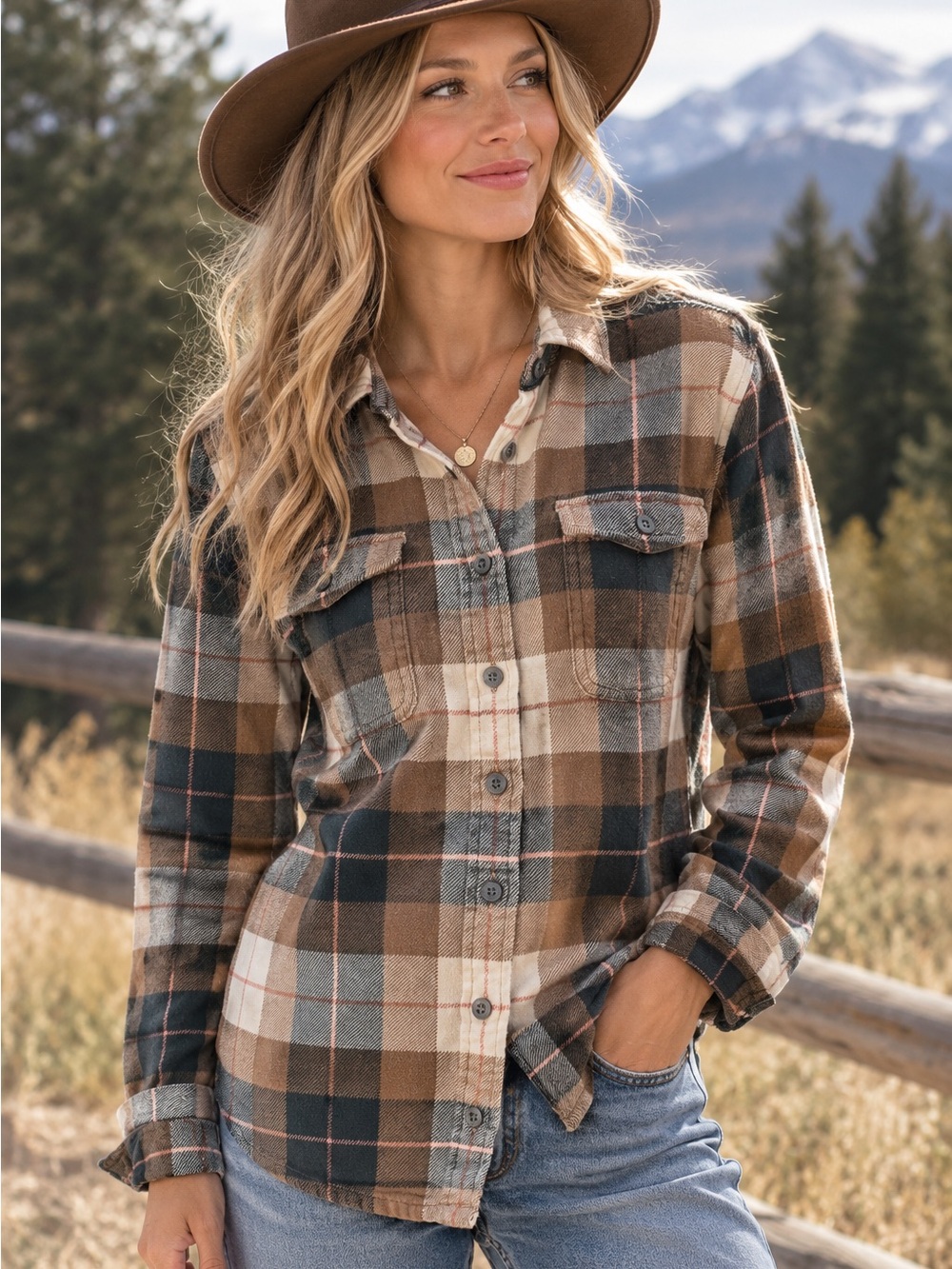 Patagonia Organic Cotton Women Plaid Flannel Shirt Brown Cream Size 8 M Cabin